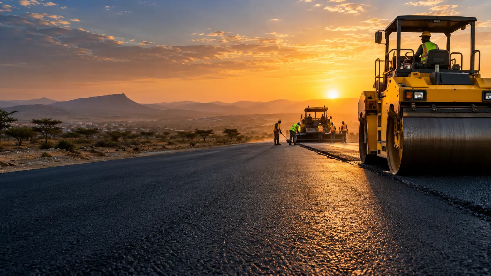 Road construction equipment — illustrative image for COMKOB roadworks services